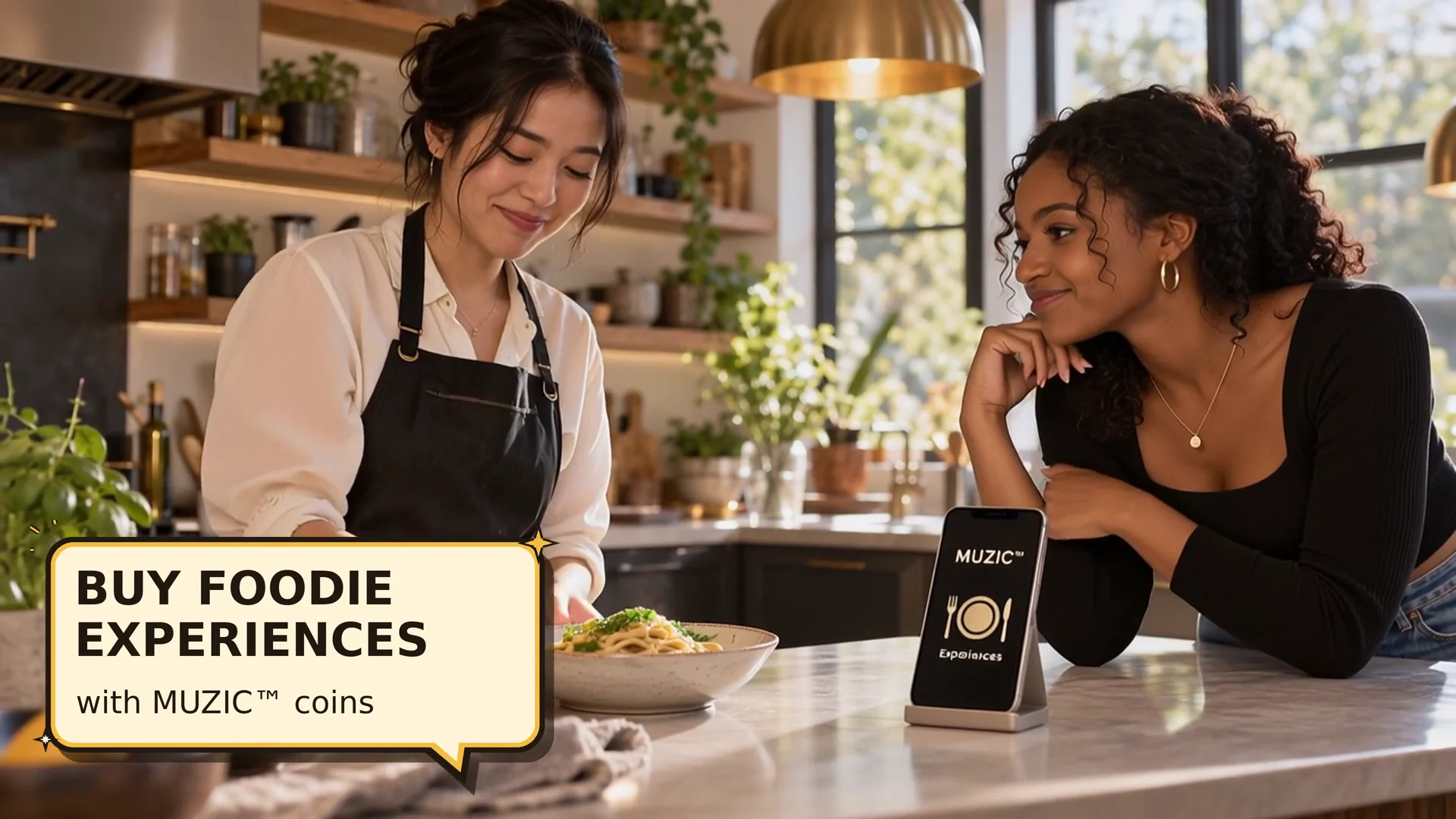 A fan joins a food creator in the kitchen. A pop-up bubble says: Buy foodie experiences with MUZIC™ coins.