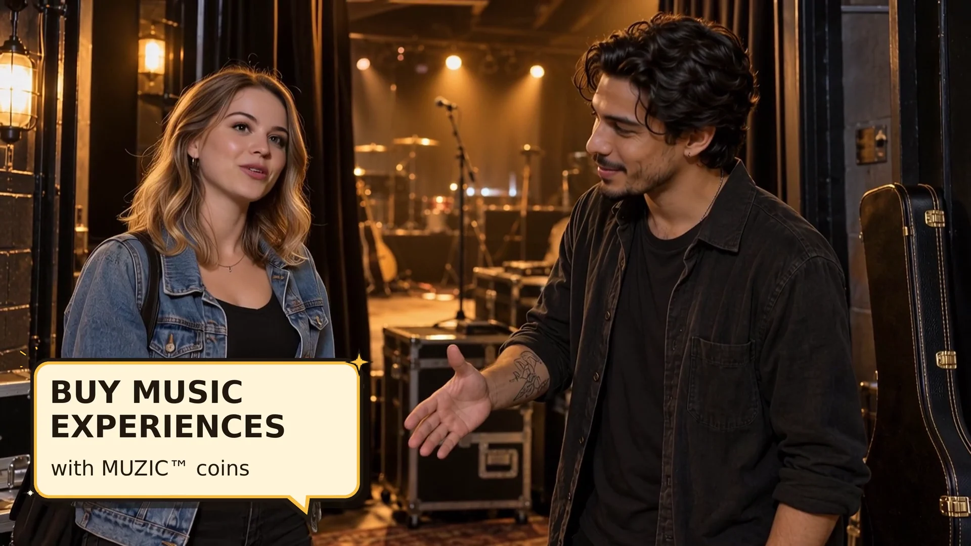 A fan meets a musician backstage. A pop-up bubble says: Buy music experiences with MUZIC™ coins.